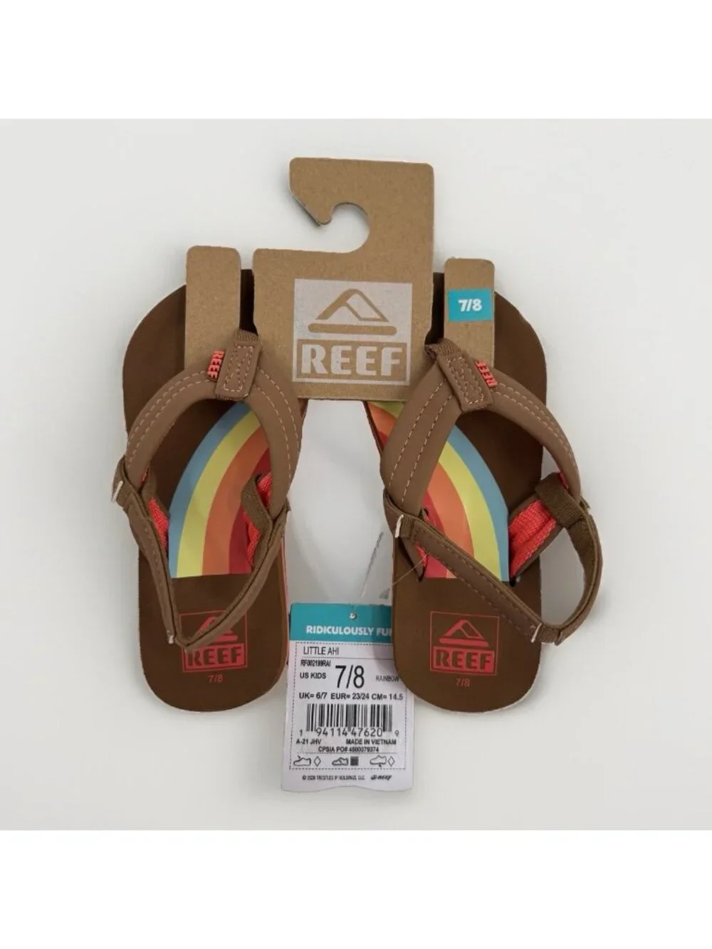 REEF Flip Flops Toddler 7/8 Little Ahi Sandal Ankle Strap Brown/Rainbow Boy/Girl
